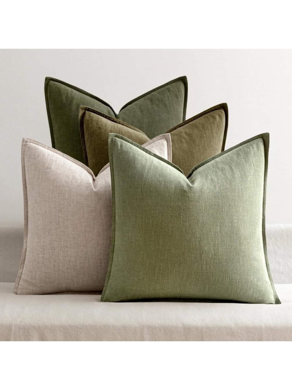 Boho Green & White Linen Pillow Covers 20x20 Inch Set of 4 - Chic Home Decor